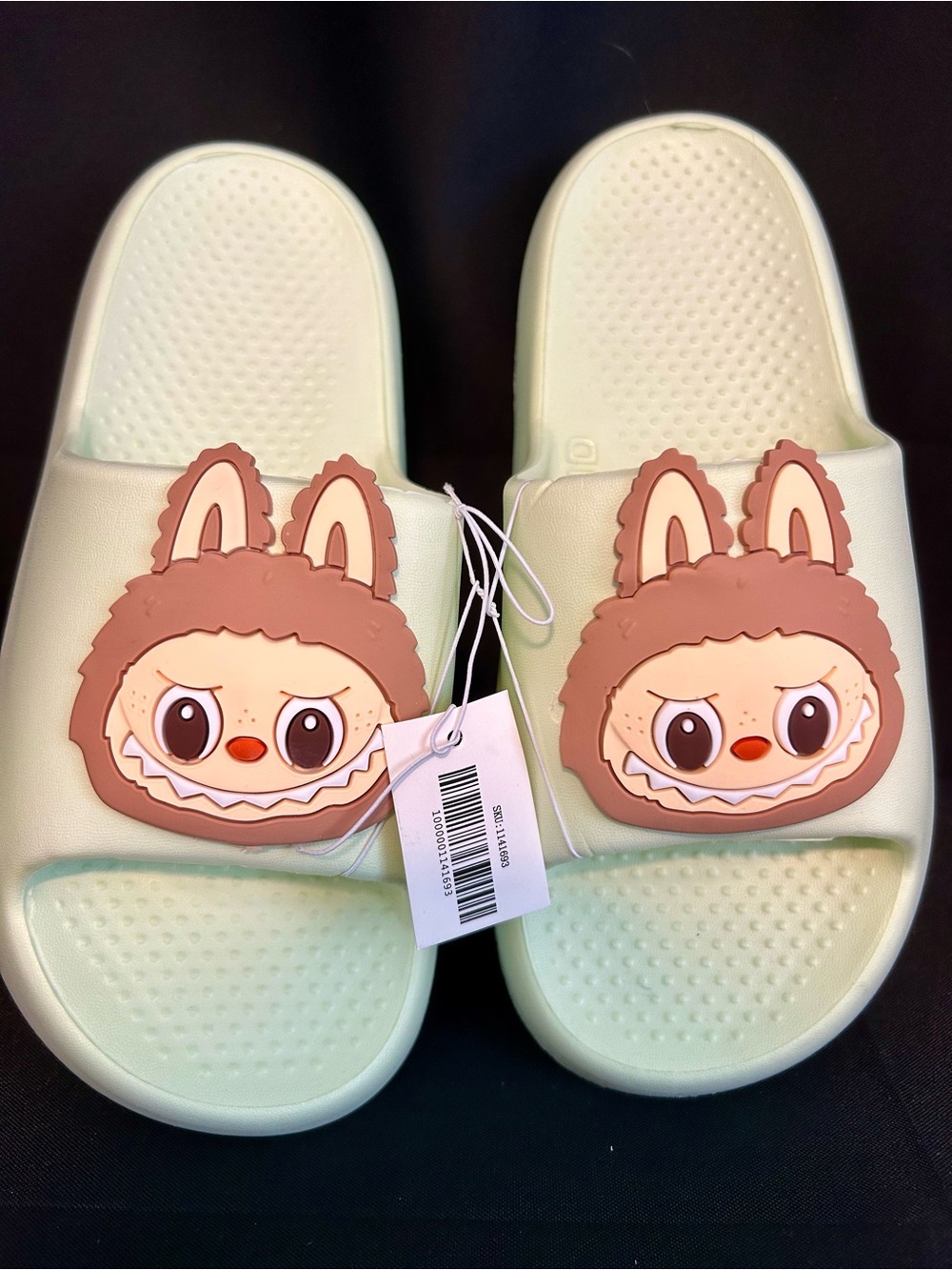 Womens Mint Green Slide Sandals with Labubu face